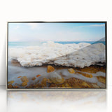 Mid-century modernist art of the Dead Sea in muted blue and silver hues on a framed acrylic.