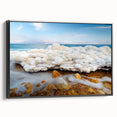 Black and white wall art of the Dead Sea landscape on framed canvas, ideal for bedroom decor.