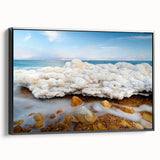 Black and white wall art of the Dead Sea landscape on framed canvas, ideal for bedroom decor.
