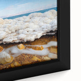 Black wall art featuring a textured close-up of the Dead Sea in muted colors, framed canvas, ideal for living room decor.
