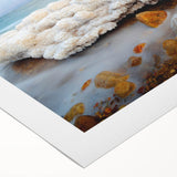 Art deco poster of the Dead Sea in muted blue and beige tones on rolled canvas, suitable for dining room decor.