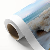 Art deco poster of the Dead Sea in muted blue and beige tones, rolled canvas, ideal for nursery wall art.