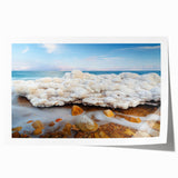 Extra large wall art depicting the Dead Sea in muted blue and gray tones on rolled canvas, ideal for dining room ambiance.