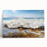 Black and white photograph of the Dead Sea on stretched canvas, ideal for kitchen wall art or bedroom ambiance.