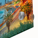 Large abstract wall art of Tel Aviv skyline in muted earth tones on acrylic glass, ideal for dining room ambiance.