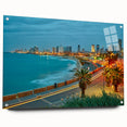 Large abstract wall art of Tel Aviv skyline in muted gray and blue tones, acrylic glass.