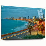 Large abstract wall art of Tel Aviv skyline in muted gray and blue tones, acrylic glass.