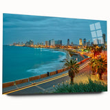 Large abstract wall art of Tel Aviv skyline in muted gray and blue tones on acrylic glass.