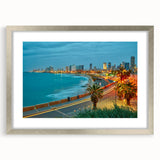Textured abstract art print of Tel Aviv skyline in muted earth tones on a framed canvas, suitable for bedroom decor.