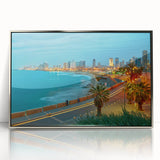 Mid-century modernist art of Tel Aviv skyline in muted silver and gray tones on a framed acrylic.