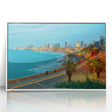 Art deco poster of Tel Aviv skyline in muted blue tones, framed acrylic, ideal for modern art wall decor.