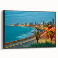 Black and white framed canvas of Tel Aviv landscape, vintage poster style, ideal for bedroom wall decor.