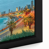 Extra large black wall art featuring a textured depiction of Tel Aviv in vibrant, colorful hues on a framed canvas.