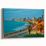 Framed canvas of Tel Aviv landscape art painting featuring vintage poster style and a colorful palette.