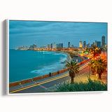 Vintage poster art of Tel Aviv skyline in colorful hues on a large framed canvas, ideal for living room decor.