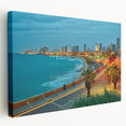 Tel Aviv cityscape on large stretched canvas with vivid blue and white tones, suitable for kitchen wall art.