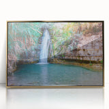 Mid-century modernist style large art print of a Middle Eastern scenery in muted gold and blue tones on a framed acrylic.