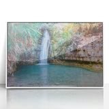 Art deco poster of a Middle Eastern scenery in Israel, depicted in muted colors on a framed acrylic.