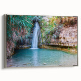 Framed canvas depicting a colorful Middle Eastern landscape in a vintage poster style, ideal for enhancing living room decor.