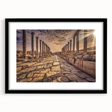 Abstract art print of a Middle Eastern landscape in vibrant colors on a large textured canvas, ideal for living room decor.