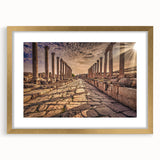 Extra large abstract art print of a Middle Eastern desert scene in muted earth tones on a textured canvas, framed in gold.