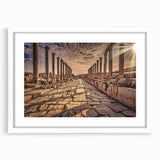 Abstract art print of a Middle Eastern landscape in muted earth tones on a framed white mat, suitable for dining room decor.