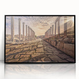 Large abstract wall art depicting a Jordanian landscape, in muted earth tones on a framed acrylic.