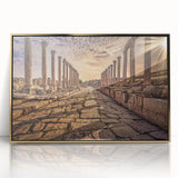 Mid-century modernist style large art print of a Jordanian landscape in gold and earth tones, acrylic framed.