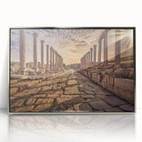 Mid-century modernist art depicting Jordan scenery in muted earth tones on a silver-framed acrylic print.