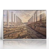 Art Deco poster depicting Jordanian landscape in muted earth tones on framed acrylic, ideal for modern art wall decor.