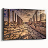 Black and white framed canvas featuring a vintage poster style landscape of Jordan, ideal for bedroom wall decor.