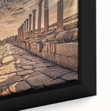 Extra large framed canvas featuring a textured depiction of a Middle Eastern Jordanian scene in black with colorful accents.