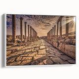 Vintage poster art of a Jordanian landscape on a framed canvas, featuring colorful imagery on a black background.