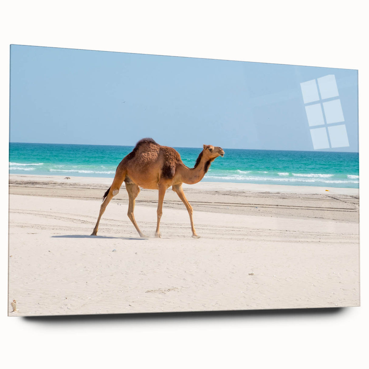 Large abstract wall art of Middle Eastern scenery in muted earth tones on acrylic glass.