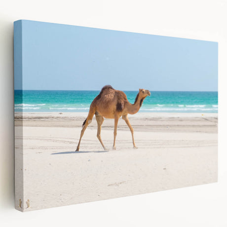 Side view of a stretched canvas featuring a serene Middle Eastern landscape in earthy tones, ideal for kitchen wall art.