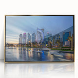 Framed acrylic print of a Qatar skyline in muted gold and blue tones, ideal for modern art wall decor.