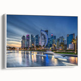 Vintage poster art of a Middle Eastern Qatar scenery on a framed canvas, with colorful art in extra large format.