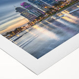 Art deco poster of a Qatar skyline in muted gold and blue tones on rolled canvas, suitable for dining room wall art.