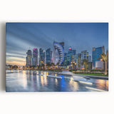 Black and white print of Qatar skyline on stretched canvas, suited for kitchen wall art.