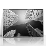 Art deco poster depicting a scenic view of Saudi Arabia in muted earth tones on a framed acrylic.