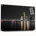 Acrylic print of Abu Dhabi skyline in muted blues and grays, ideal for modern dining room decor.