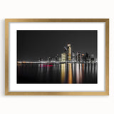 Extra large abstract art print of Abu Dhabi skyline in textured gold frame, ideal for living room decor.