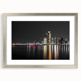 Textured abstract art print of Abu Dhabi skyline in silver frame, featuring muted earth tones, ideal for bedroom art.