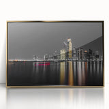 Large art print of Abu Dhabi skyline in gold and blue tones on framed acrylic, suitable for modern art wall decor.