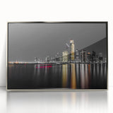 Mid-century modernist art of Abu Dhabi skyline in silver framed acrylic, ideal for modern art wall decor.