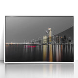 Art deco poster of Abu Dhabi skyline in muted gray tones on a white framed acrylic.