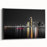 Framed canvas featuring a black and white landscape of Abu Dhabi, ideal for bedroom wall art.