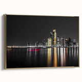 Vintage poster art of Abu Dhabi landscape on framed canvas with gold accents, suitable for bedroom wall art.