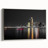 Framed canvas featuring a colorful Abu Dhabi landscape with vintage poster art style, ideal for modern living room decor.