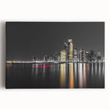 Black and white stretched canvas of Abu Dhabi skyline, ideal for kitchen wall art.